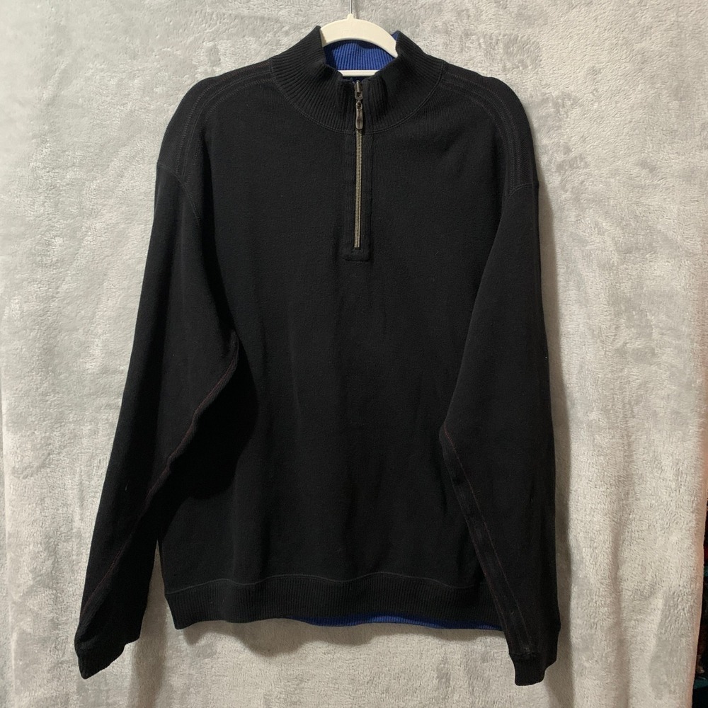 Tommy Bahama Flipshore Sweater Mens XL Black Blue 1/4 Zip Pullover 100% Cotton